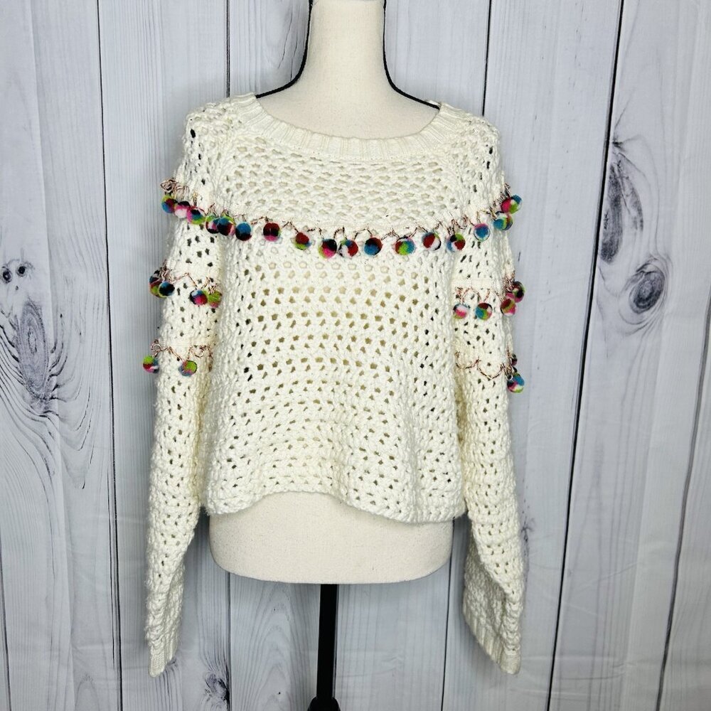 ZARA Chunky Open Knit Wool Blend Sweater Size S Pom Pom Oversized Artsy Boxy